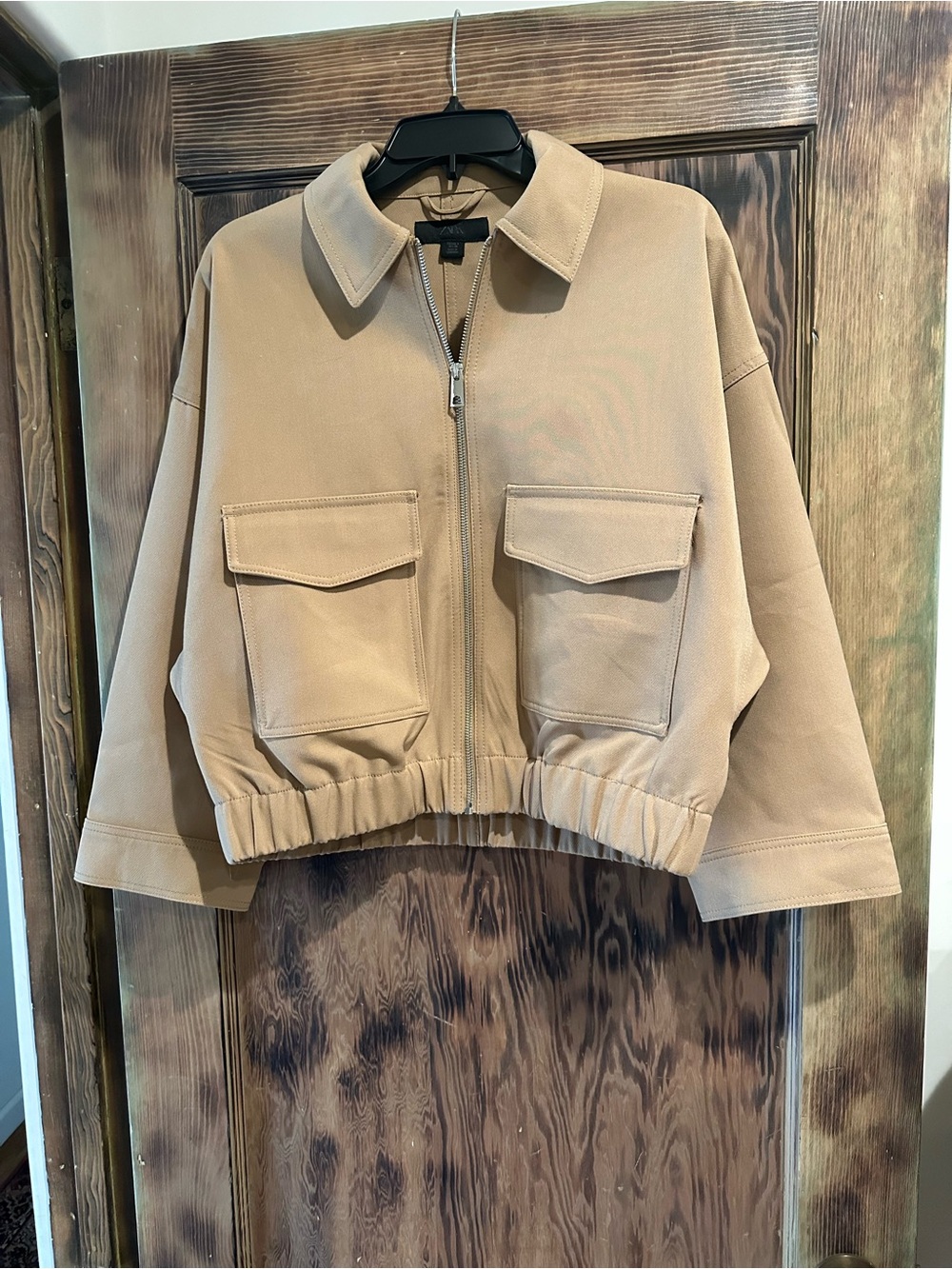 Zara Tan Cropped Bomber Jacket with Front Pockets